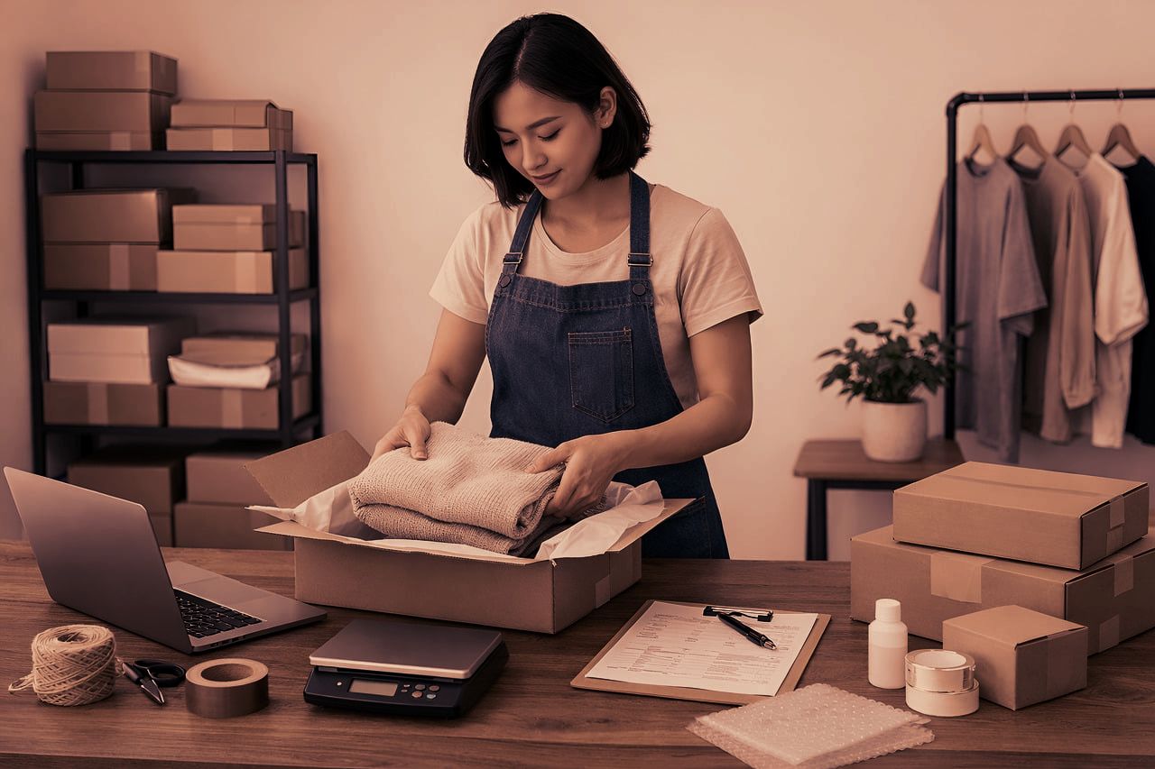 A shop owner folding a knitted top into a parcel at her packing table