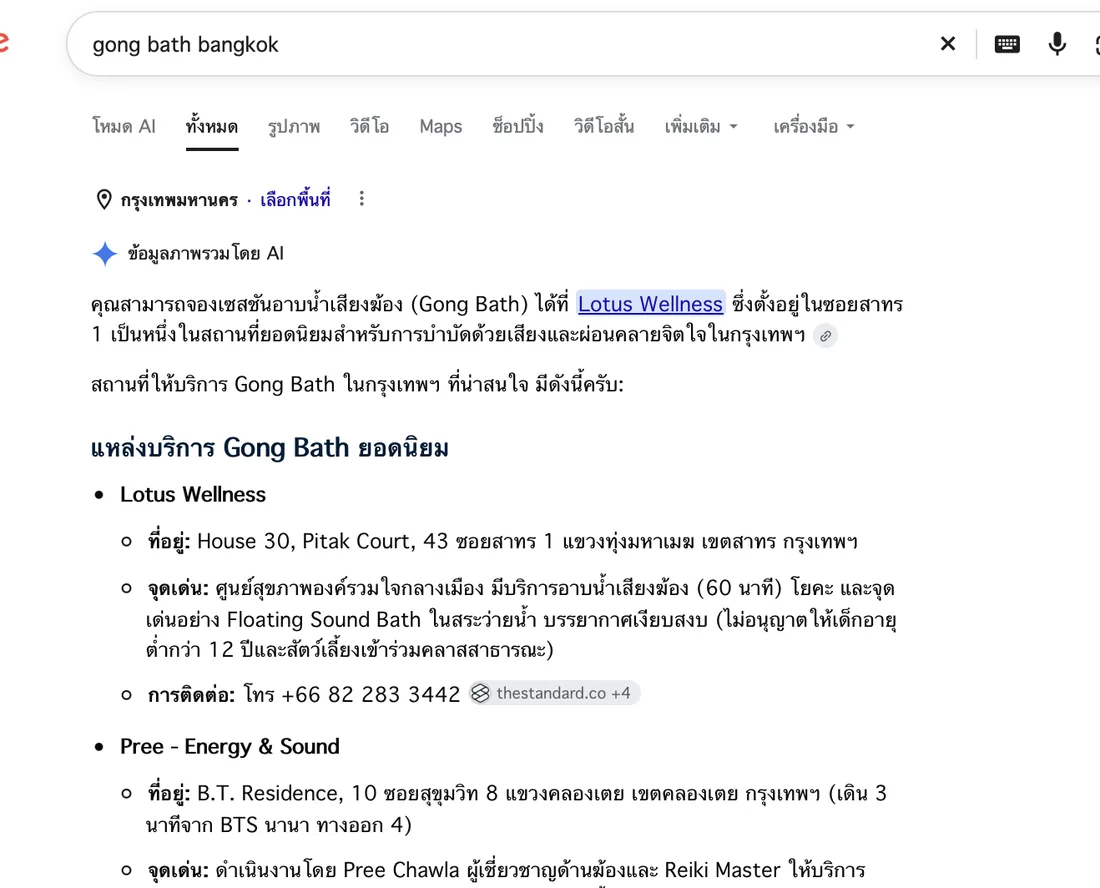 Google AI Overview for gong bath bangkok listing recommended places, including Pree Energy and Sound with its address on Sukhumvit Soi 8