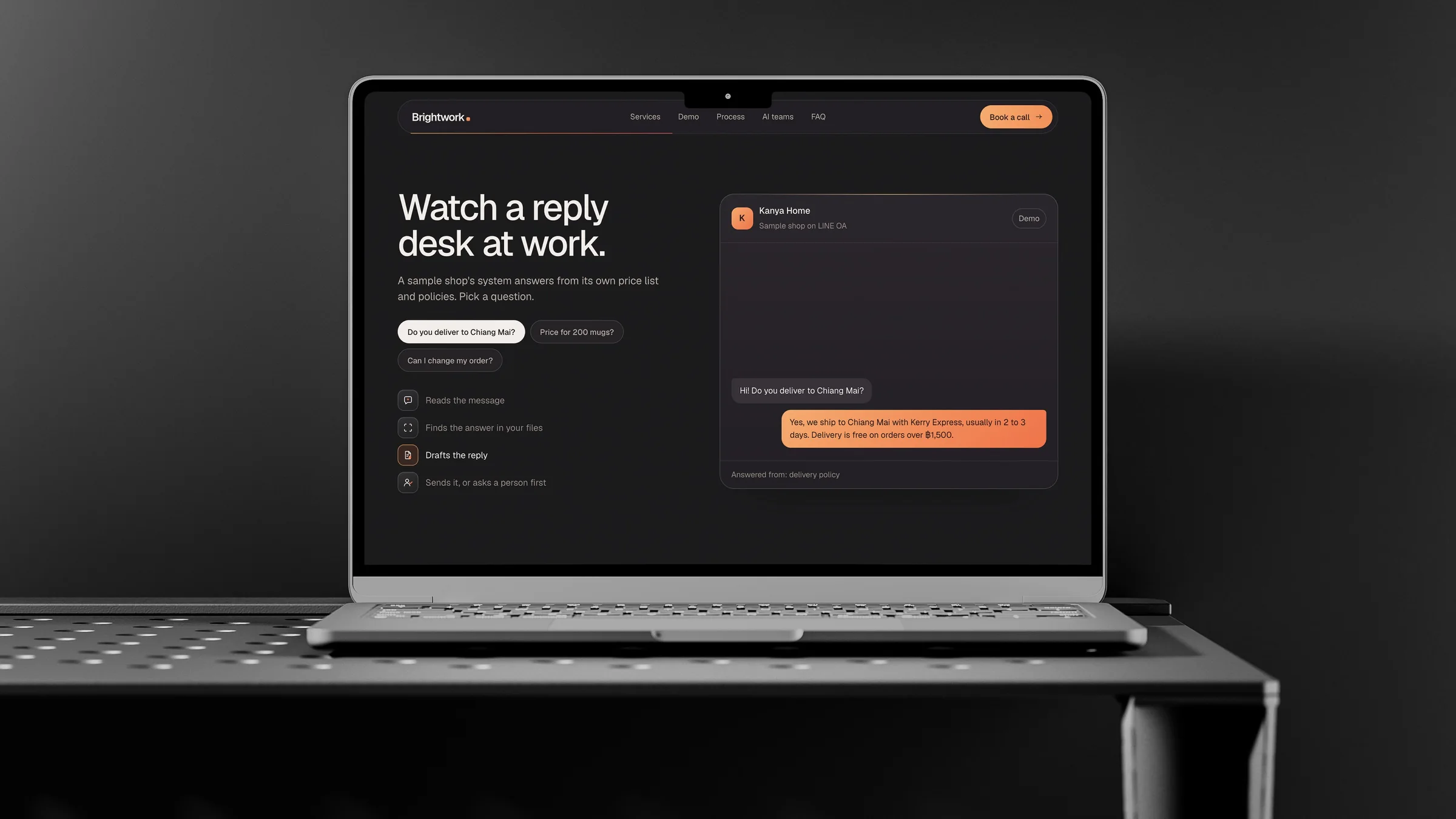 Brightwork demo section on a MacBook on a black metal desk: a customer chat with the steps read, find the answer and draft the reply